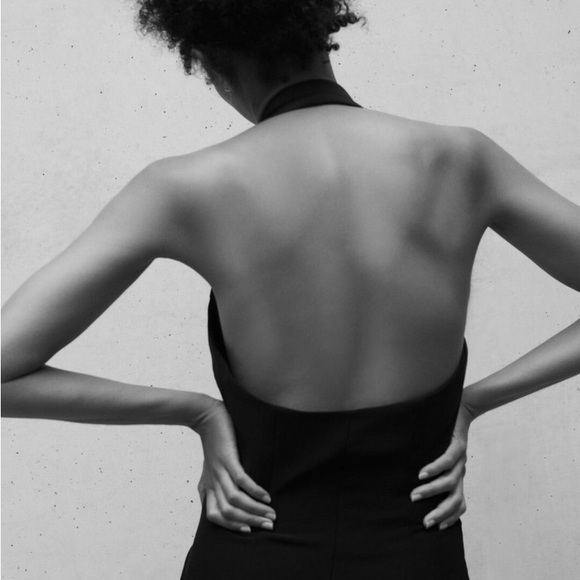 Reiss Annie Chic Black Tuxedo Split Leg Halter Satin Lapel Jumpsuit (Size 4) - Picture 4 of 7